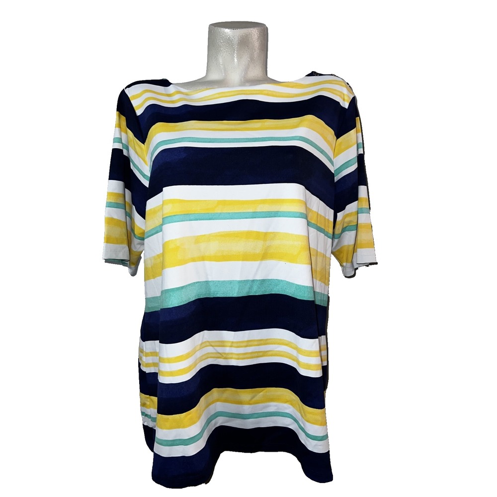 Charter Club Woman 2X Striped Boat Neck Top Navy Yellow Button Shoulder Stretch